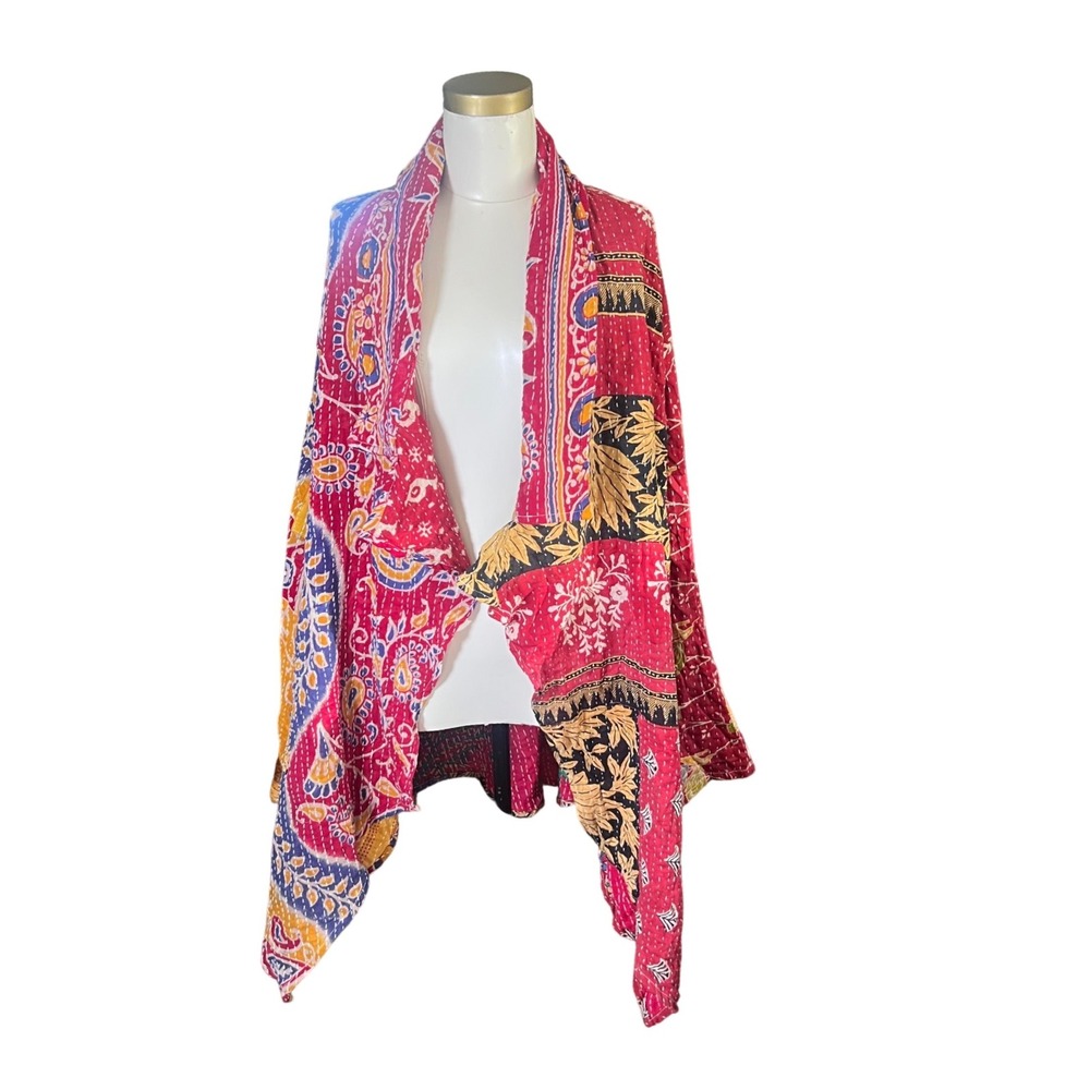 Kantha Bae Pink Patchwork Kantha Stitch Open Front Duster Jacket Free Size Boho